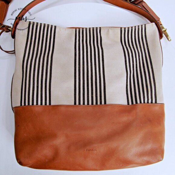 Fossil Stripe Textile Leather Trim Shoulder Handbag - Picture 12 of 14